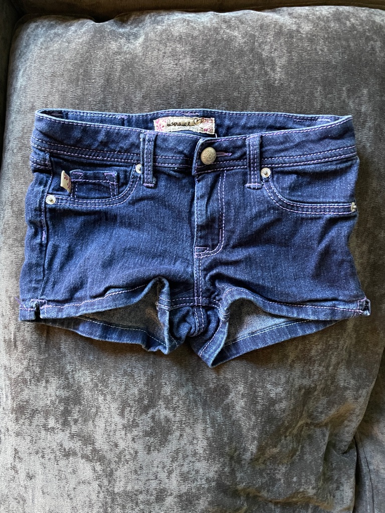 Dark Indigo Denim Shorts With Purple Stitching
